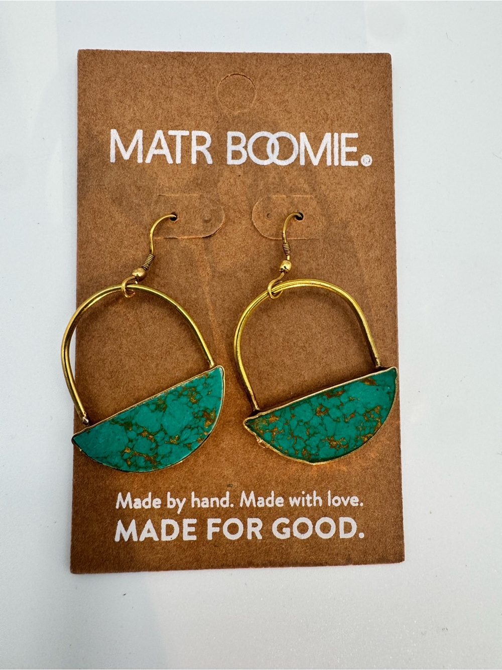 Matr Boomie Turquoise Brass Geometric Drop Earrings NWT Fair Trade Handmade